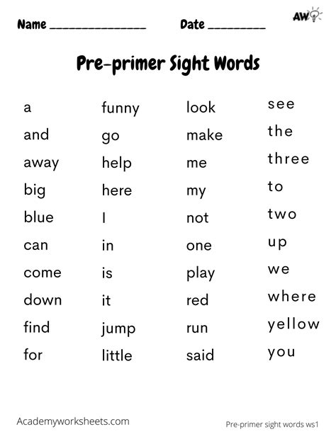 pre primer word list